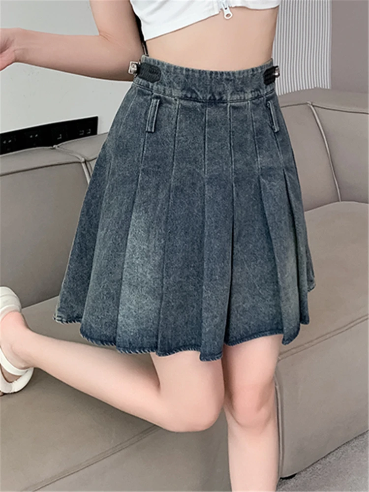 Seoulish 2023 New High Waist Women's Denim Pleated Short Skirts Spring Summer Fashion Cowboy Jeans A-Line Mini Skirts Female