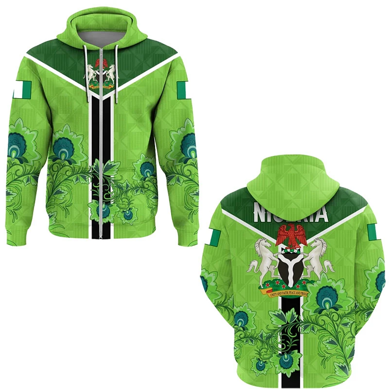 Africa Nigeria Flag Map 3D Printed Zip Up Hoodie For Men Clothes National Emblem Horse Eagle Sweatshirts Hoody Kids Dashiki Tops