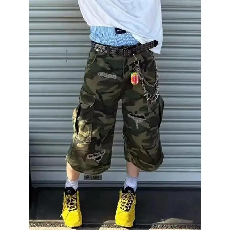 

Retro Camouflage Workwear orts ex Summer Streetwear American Hip Hop Hole Wide Leg Jeans Seven Parts Pants