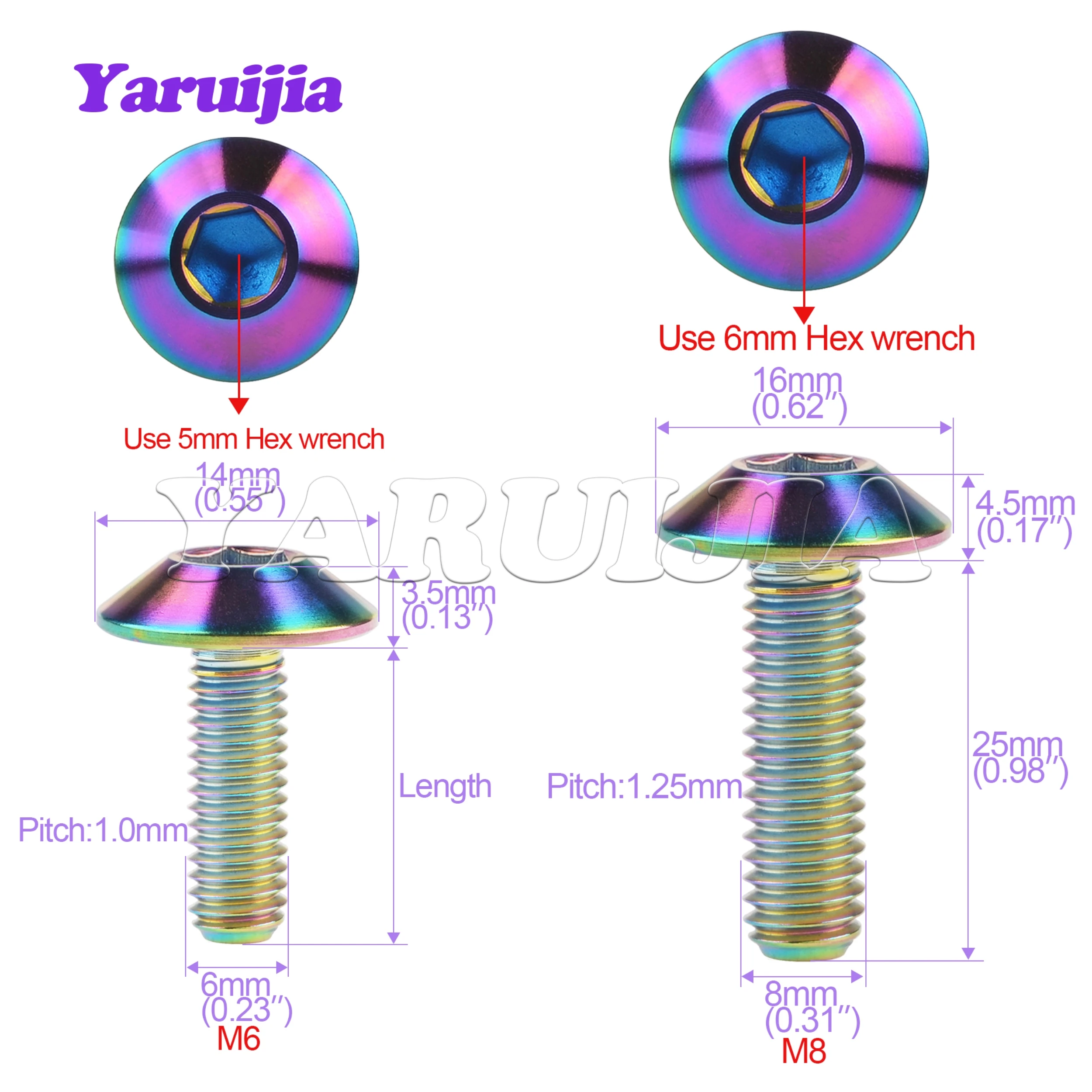 Yaruijia Titanium Ti Bolts M6/M8x12/15/20/25mm Allen Hex Head Screws for Bicycle Motorcycle Part 6pcs