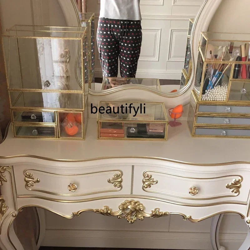 35European dresser solid wood carving flower beauty French light luxury bedroom pearl white lord makeup table small apartmentS