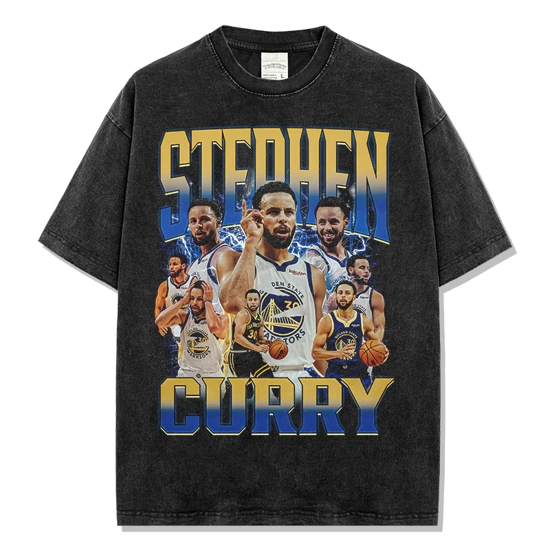

Retro Acid Wash Stephen Curry Collage Graphic T-Shirt Basketball Star Print Tee Loose Fit Daily Casual Men's Fashion Top