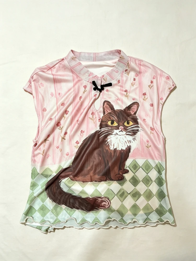 Women New Chinese Style Cat Print Frog Button Top Skirt Set Oriental Zen Elegant Vintage Summer Cheongsam Qipao A-Line Cute Girl
