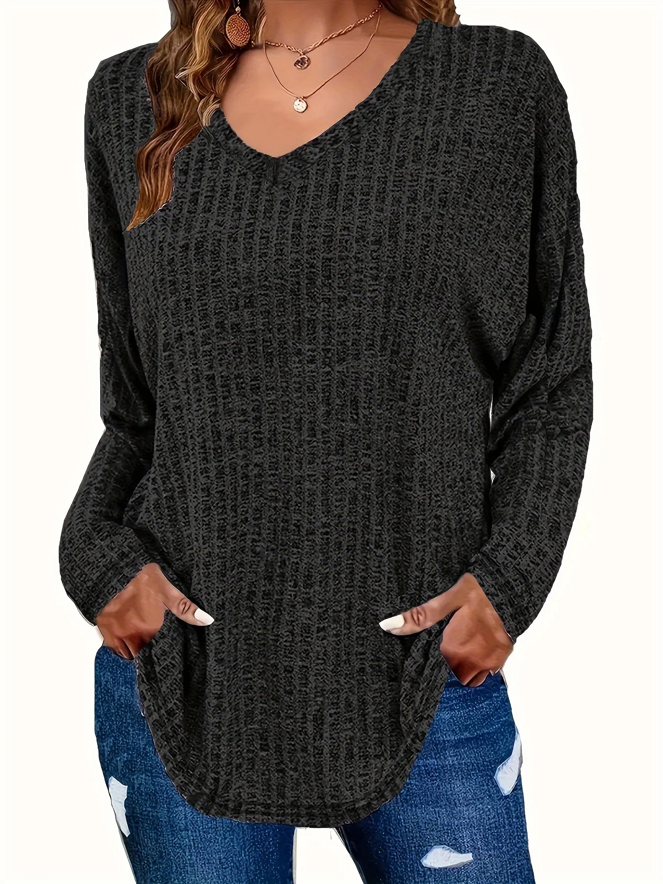 

Plus Size 1XL-5XL Women's Casual Solid Color Top Ribbed Long Sleeved T-shirt Ladies V-neck Knitted Top Breathable Knitted Top