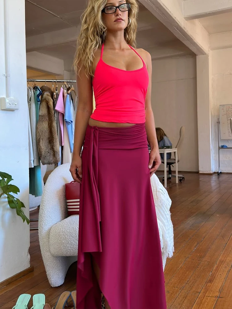 

Insglas Simple Two-Piece Set Women Vacation Solid Lace-Up Halter Backless Low-Neck Tops+Tassel Skirts Summer Slim Matching Suits