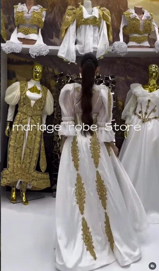 White Gold Albanian Caftan Bride Wedding Dresses with Sleeve traditional Lace Applique Celebrity bridal gown outfit customized