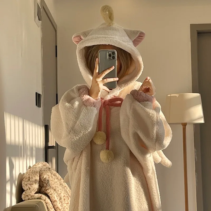 Sweet Cute Hooded Coral Velvet Robe Women Winter Pajamas Plush Thickened Warm Long Sleepwear Nightgown Kawaii Bathrobe Loungwear