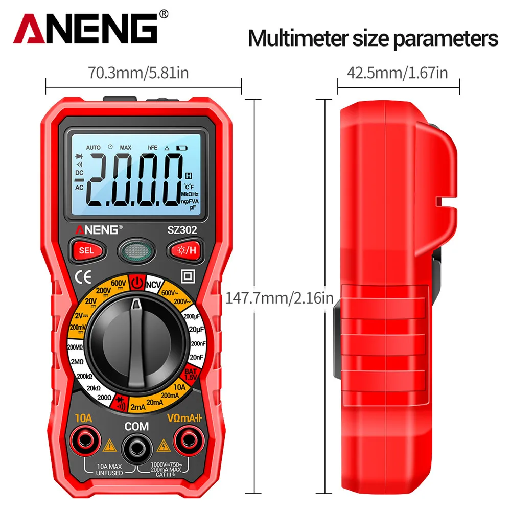 ANENG SZ302 multimetro digitale professionale Tester di tensione AC/DC rilevatore NCV Tester di resistenza Ohm amperometro Tester di capacità