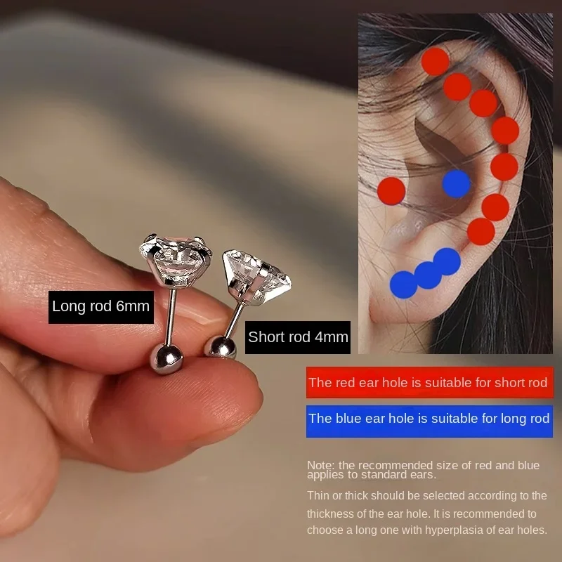 Stainless Steel Moissanite Korean Earrings for Women Crystal Screw Titanium Ear Studs Anti Allergic Body Jewelry Bone Nail