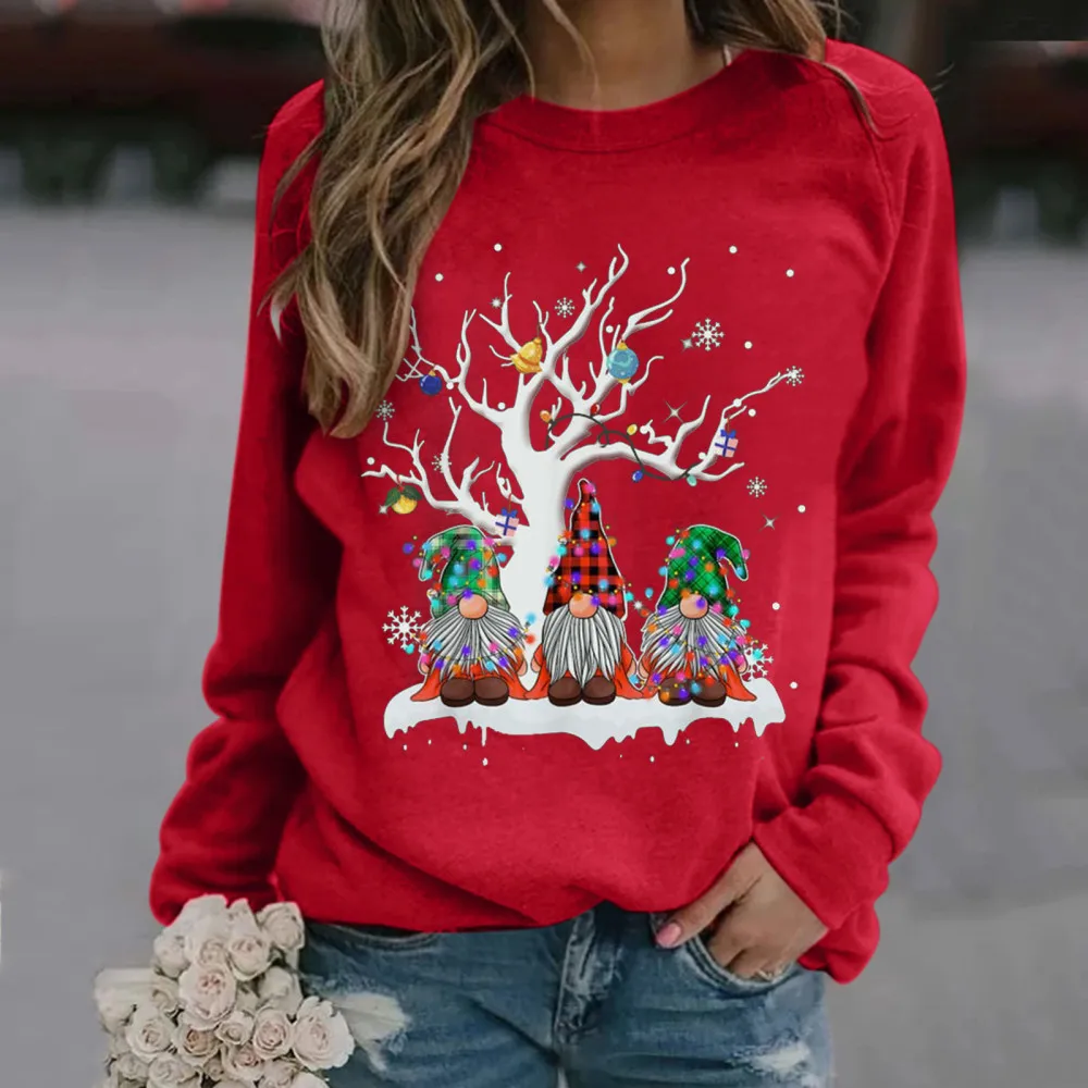 New Christmas Snow Christmas Tree Fashion T-shirt Cute Cartoon Santa Claus Long-sleeved Round Neck Tops Oversized Unisex T Shirt