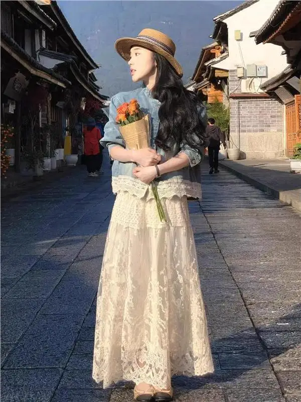 

Осенний модный кружевной джинсовый комплект с джинсовой юбкой-джатом, женская юбка длиной до пола для путешествий, длинная свековая корейская юбка