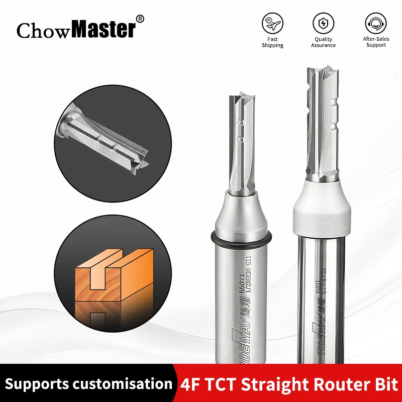 Chowmaster 4 Flutes TCT Straight Router Bit 4 Blade Carbide Milling Cutter for Wood MDF Multilayer Particle Board CNC Tools