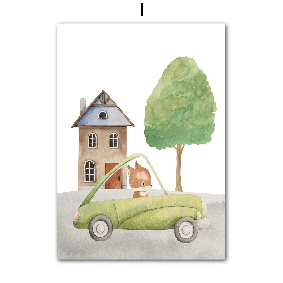 Auto Giraffe Löwe Elefant Affe Dschungeltiere Wandkunst Leinwanddruck Nordische Poster und Drucke Bilder Baby Kinderzimmer Deko