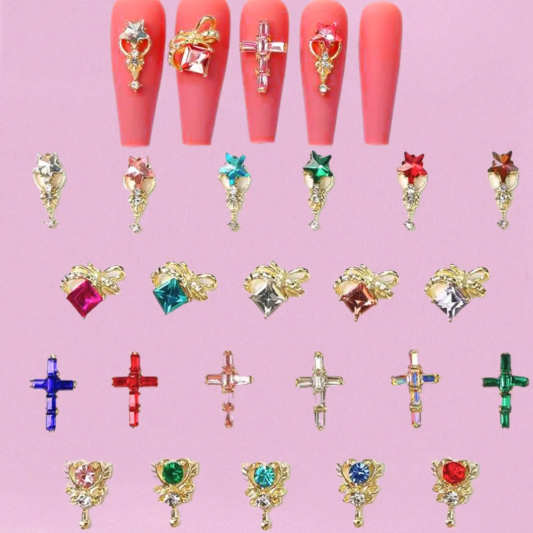 ชุดอุปกรณ์ตกแต่งเล็บ 22 ชิ้น ประดับด้วยอัญมณีหลากสีสัน รูปดาว/กากบาทสีทอง 3 มิติ สำหรับตกแต่งเล็บสไตล์สาวหวาน พร้อมจี้ห้อยและเพชรปลอม