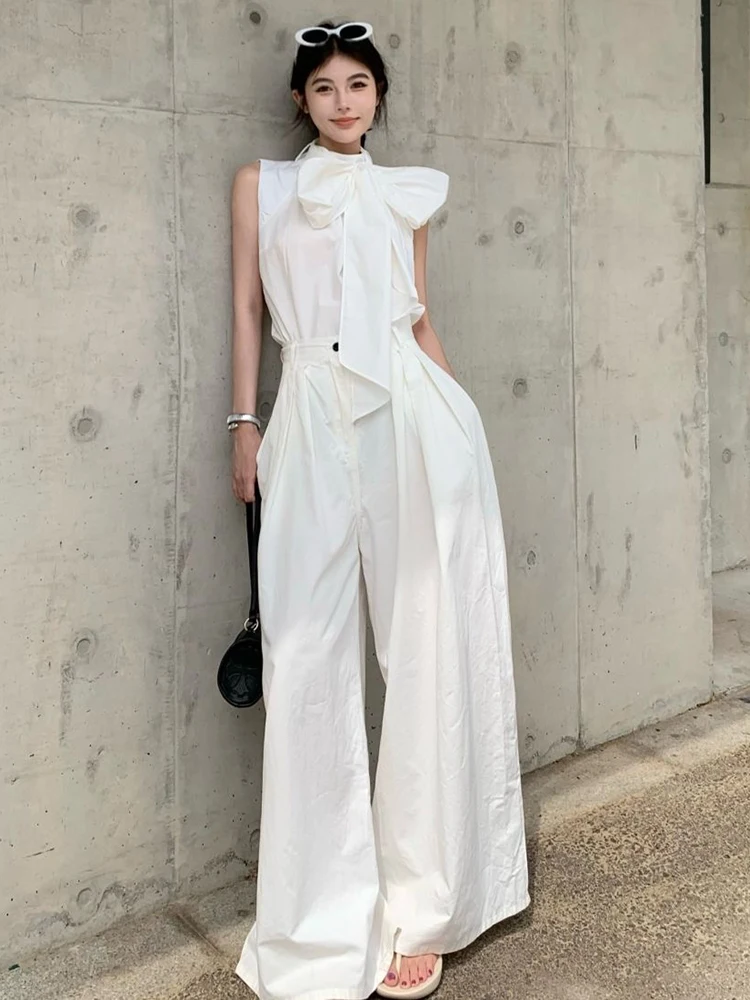 

Two Piece Set For Women Korean Sweet Bow Collar Sleeveless Vest Women Summer High Waist Loose Wide Leg Pants Thin Casual Pants