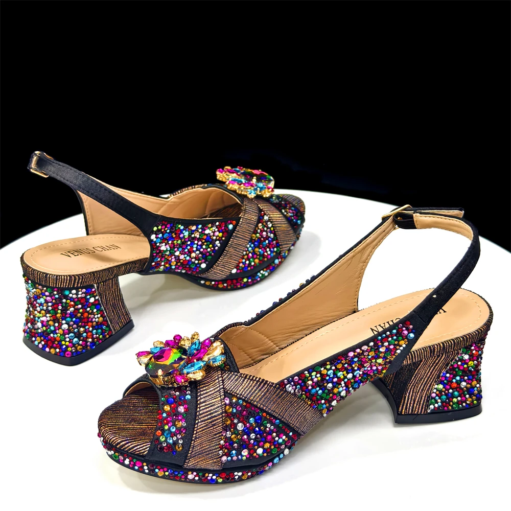 2025 Luxury Italian Women's Party Shoes & Handbag Set – Elegant Multicolor Rhinestone Peep-Toe High Heels Sandals for Weddings - view 2