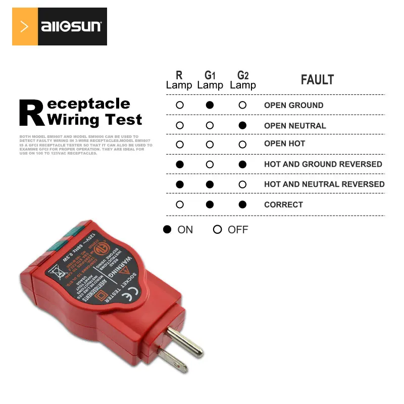 Imagem -03 - Receptáculos Elétricos Tomada Tester Linha Zero Verificação de Fase Polaridade ac Norte-americano Em9807 Gfci 100125v