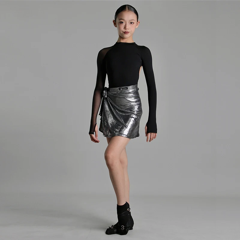 2025 roupa de dança latina meninas roupas de desempenho aberto volta manga longa collant saia prata rumba cha cha treinamento wear 2280