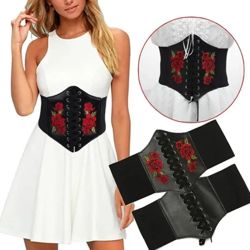 Useful Flower Belt Women Wide Lace Up Waistband Corset PU Leather Waist Slim Shaped Tied Belts