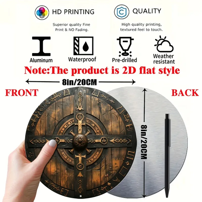 Viking Shield 2D Aluminum Wall Art Intricate Geometric Metal Sign 8x8 Inch Home Kitchen Living Room Wall Hanging Decor