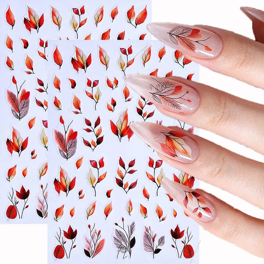 1/2Pcs Gradient Fall Leaf Nail Stickers Red Orange Maple-Leaf Self-adhesive Nails Decals Autumn Thanksgiving Manicure Decoration