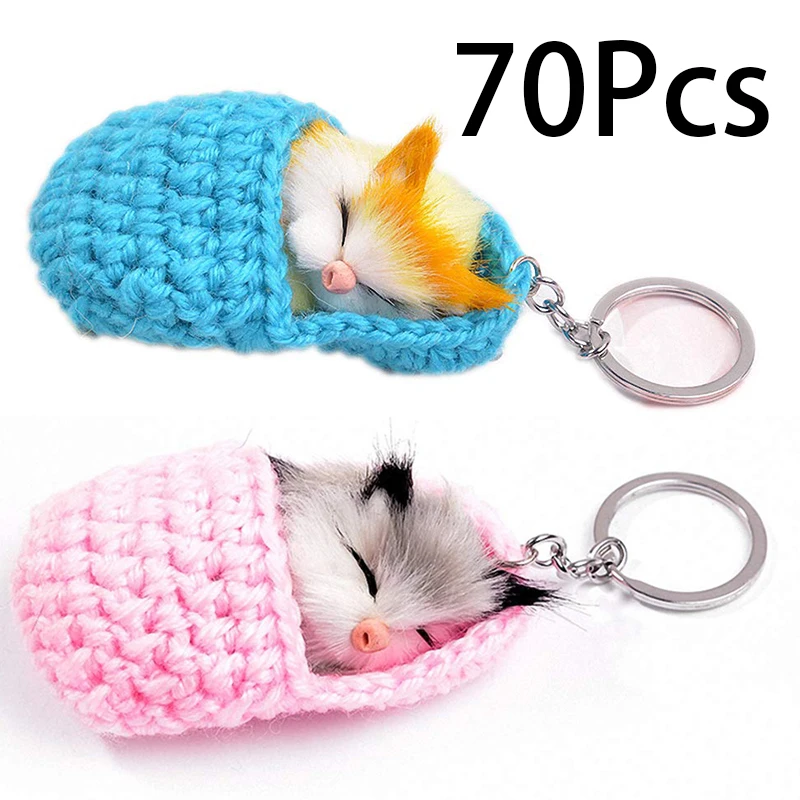 70 Pieces Cute Cat Keychain Slippers Cat Plush Bag Pendant Car Key Chain Animal Cat Slippers Keychains