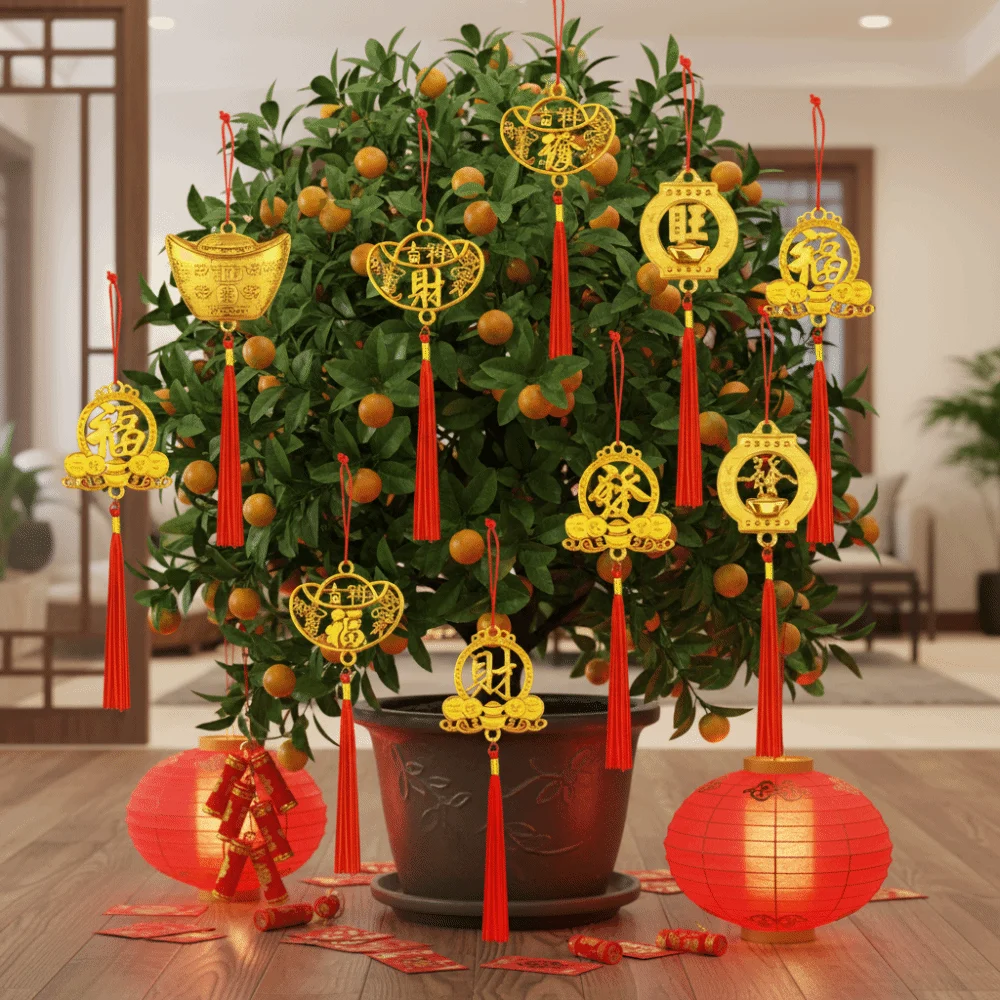 6/10 قطعة الذهب السنة الصينية الجديدة قلادة مقاوم للماء حسن الحظ مهرجان الربيع بونساي قلادة الثروة مع شرابة #3