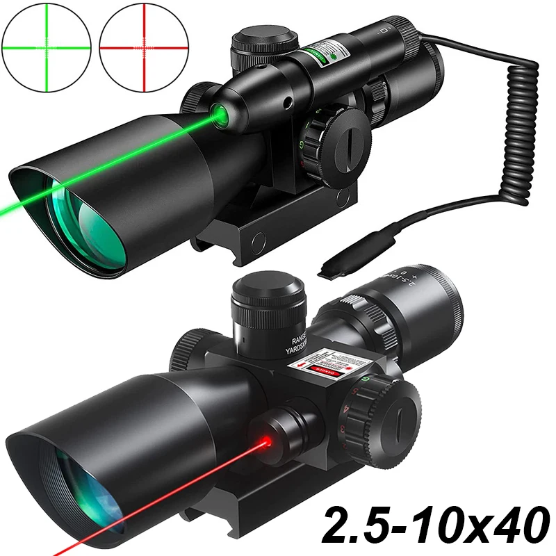 2.5-10X40 Scope Laser Combo Red/Green Illuminated Riflescope with Laser Sight 20mm Rail Optical Sight for Hunting Shooting