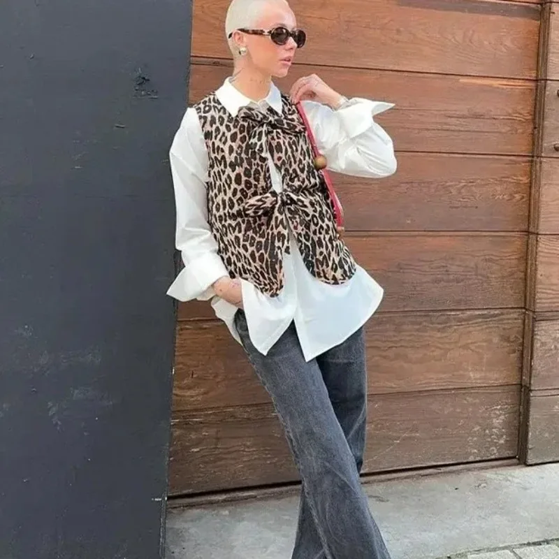 Women's Autumn Spring Top Coat Vest Leopard Print Tie Comfortable Casual Design Fashion Advanced Soft Niche Versatile Skinny