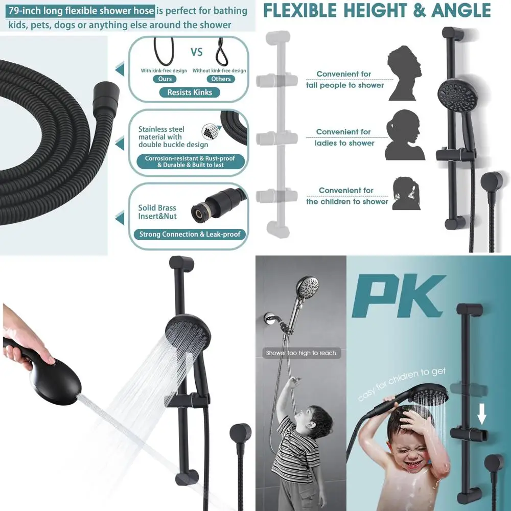 10-Setting Matte Black Handheld Shower with 24 Adjustable Slide Bar and 6.6ft Hose