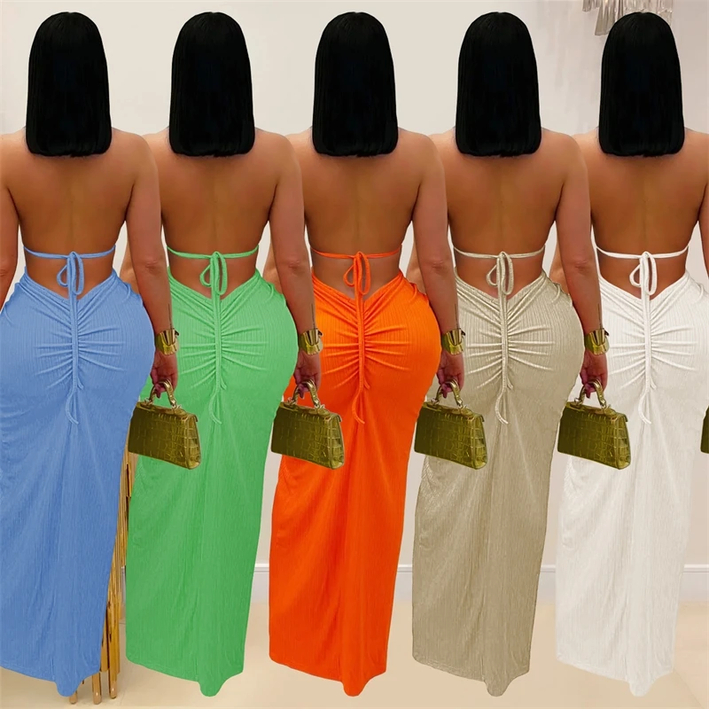 Vestido largo fruncido recortado para mujer, naranja, sexy, con cuello halter, sin espalda, con abertura larga, vestidos de fiesta, trajes de cumpleaños