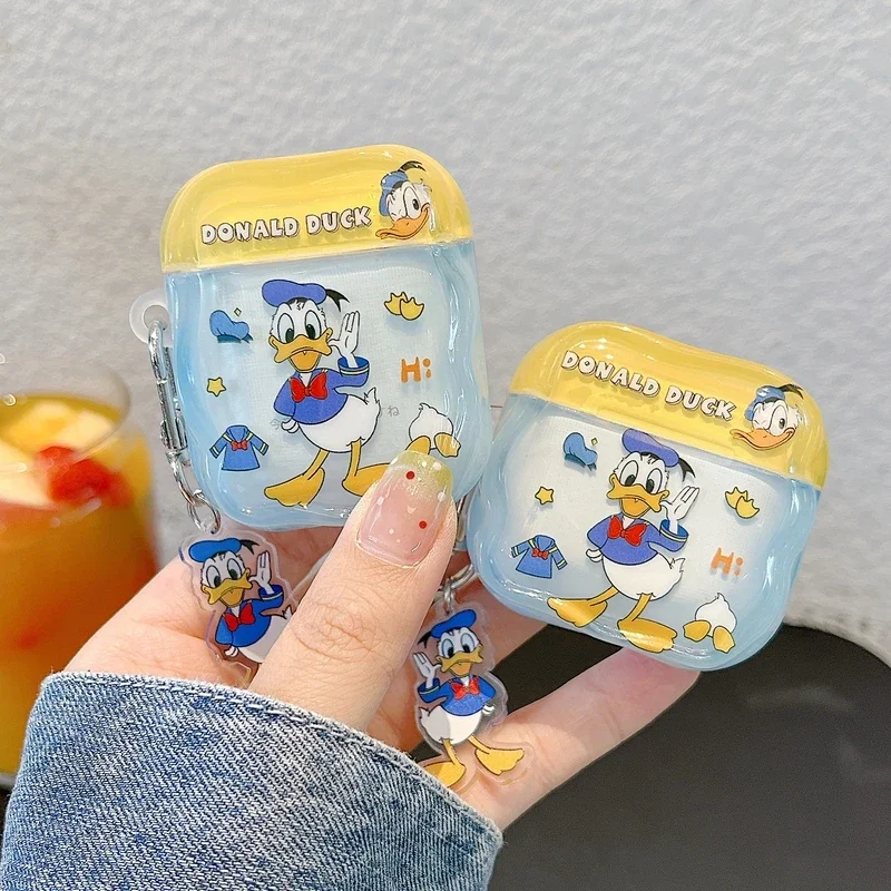 Niedliche Disney Donald Duck Kopfhörerhülle für Airpods 1 2 3 4 Pro 2, kabelloses Bluetooth-Headset, schützende, klare Abdeckung mit Anhänger