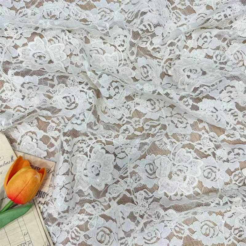 

New Stretch Lace Fabric with Sequins 3D Embroidery Full-Width for Children's Women's Dresses Gowns Wedding Dress Sewing Fabric