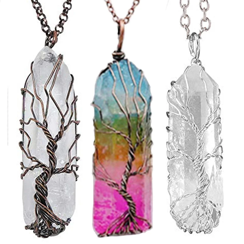 

7 Chakra Natural Rainbow Stone Pendant Healing Crystal Necklace Unisex Long Chain Tree of Life Statement Jewelry Gift