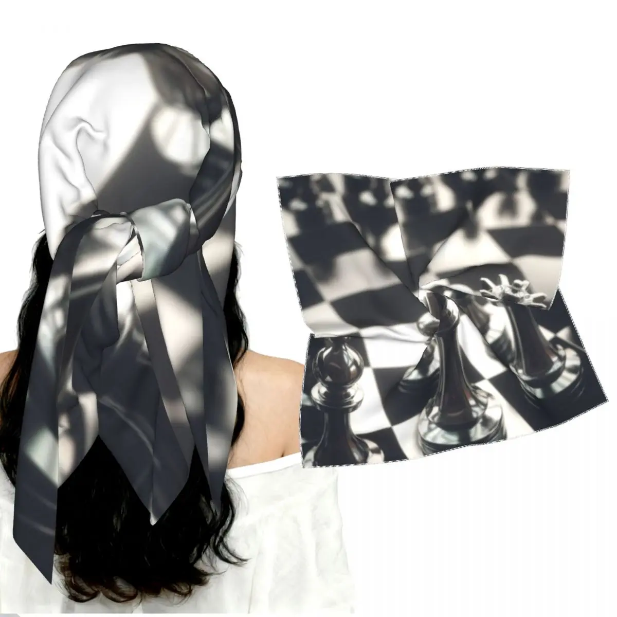 Women Imitation Silk Square Scarf Pieces Of Chess Game Image Smooth Satin Kerchief Neck Scarf Head Wrap Bandana Lady Shawl Gift