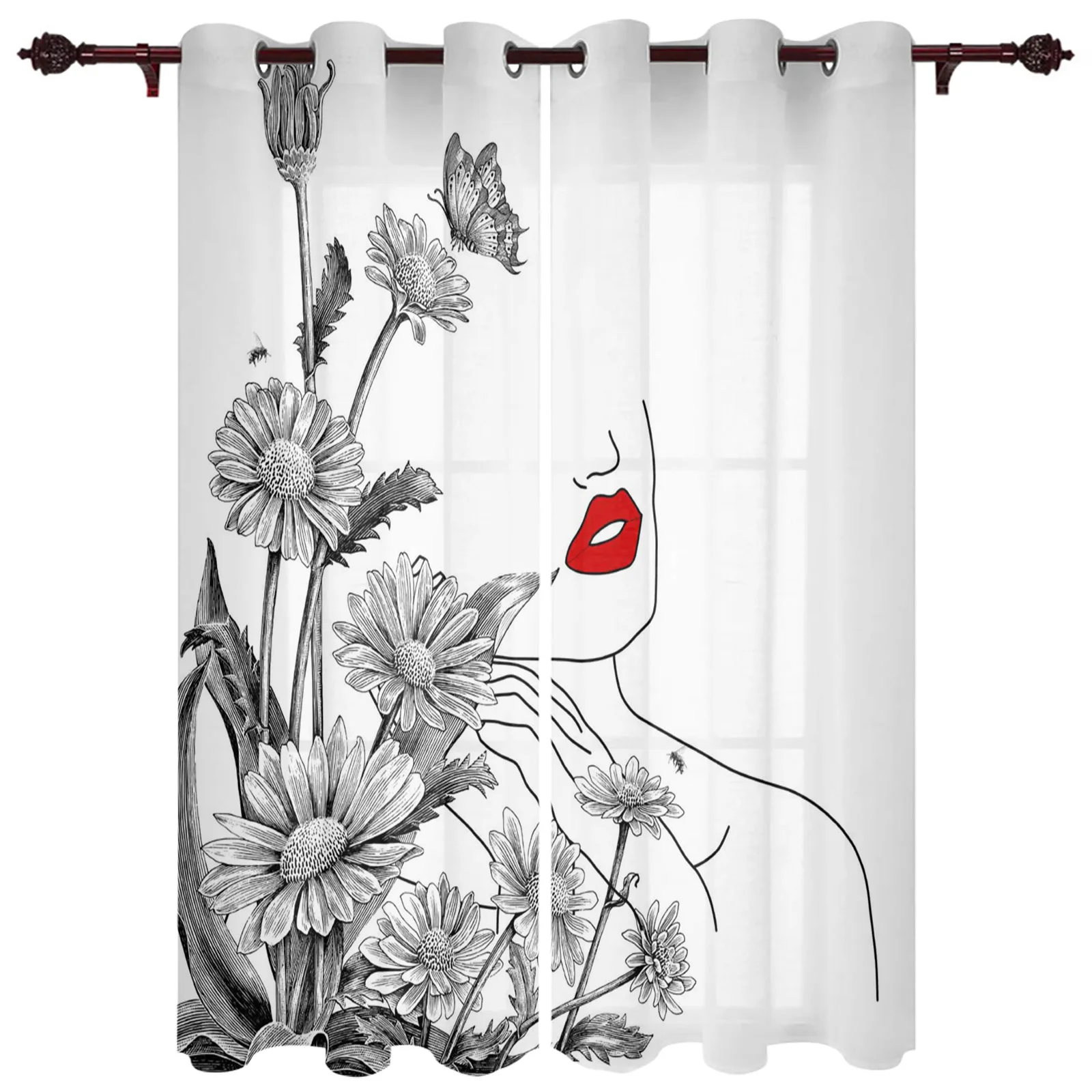 Daisy Female Line Red Lips Window Curtains In The Living Room Printed Window for Bedroom Kitchen Window Curtains Hotel Drapes