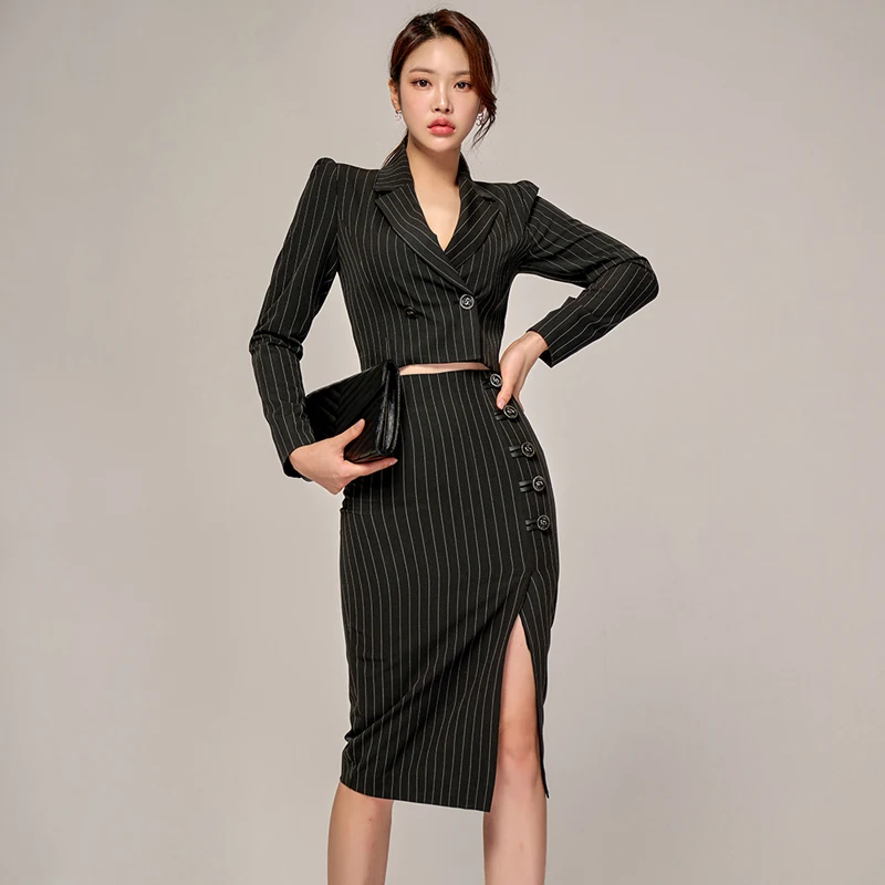 High Fashion Office Lady Fall Outfits Women Striped Long Sleeve Short Jackets And High Slit Package Hip Skirt Dress Sets SL289