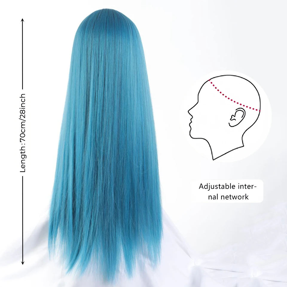 Wig Sintetis Lurus Halus Panjang dengan Poni Wig Rambut Lolita Pesta Cosplay Biru Hijau untuk Wanita Wig Tahan Panas Alami LM
