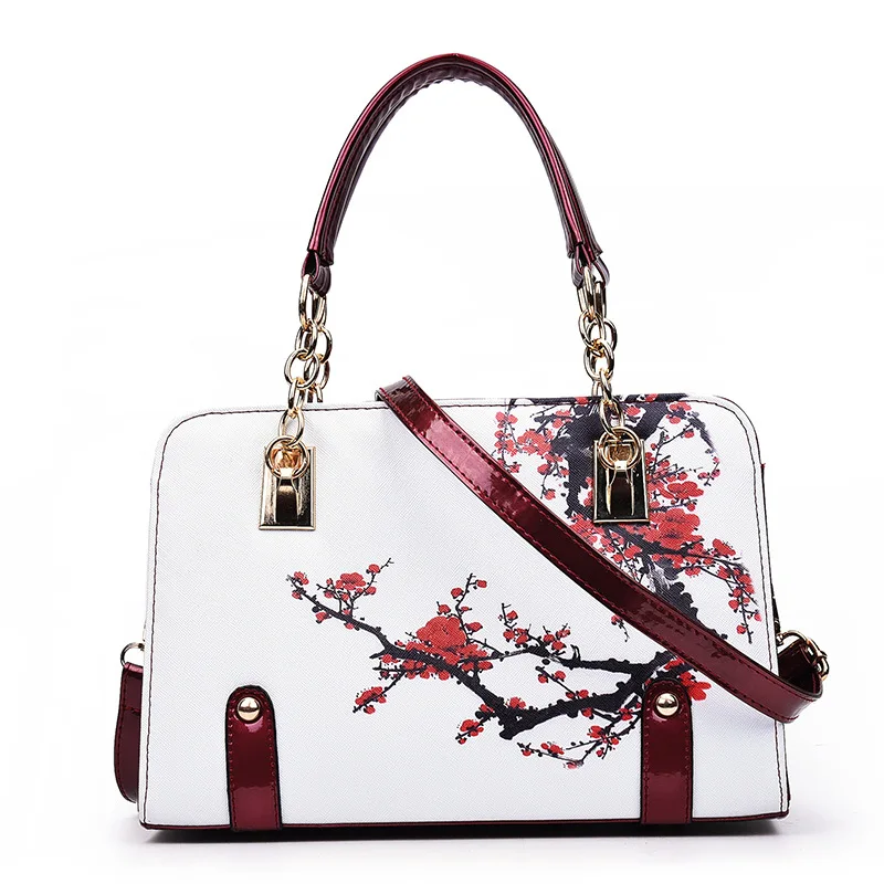 Women Floral Print PU Leather Handbag Chain Top Handle Satchel Bag Removable Crossbody Shoulder Strap Ladies Purse