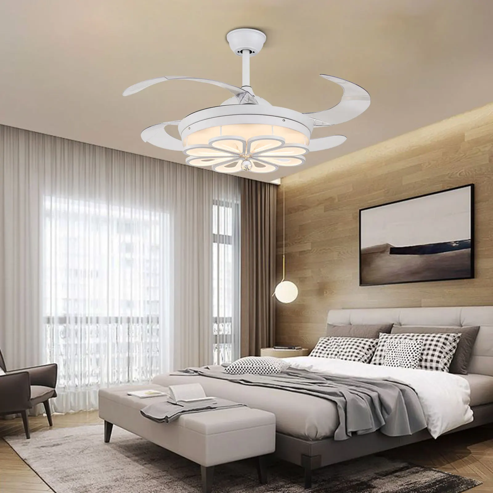 42'' Modern Ceiling Fan with LED Light Kit and Remote Control Retractable Fan Blade for Indoor Bedroom Home Application Summer