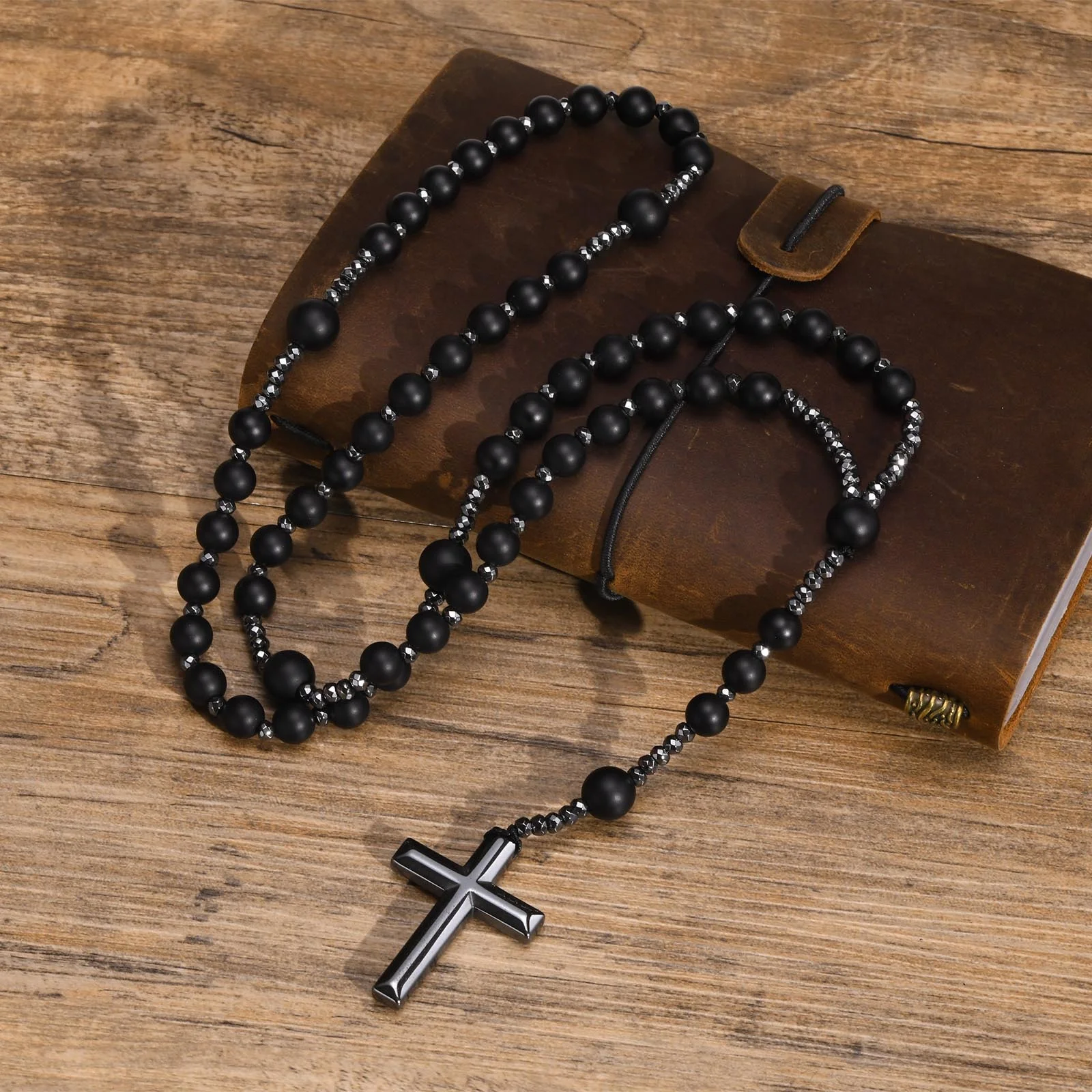 Schwarze Perlen Kreuz Rosenkranz Halsketten für Männer, männliche Power Balance Hämatit Kette Halskette, religiöser Glaube Gebetsschmuck – Detail 4