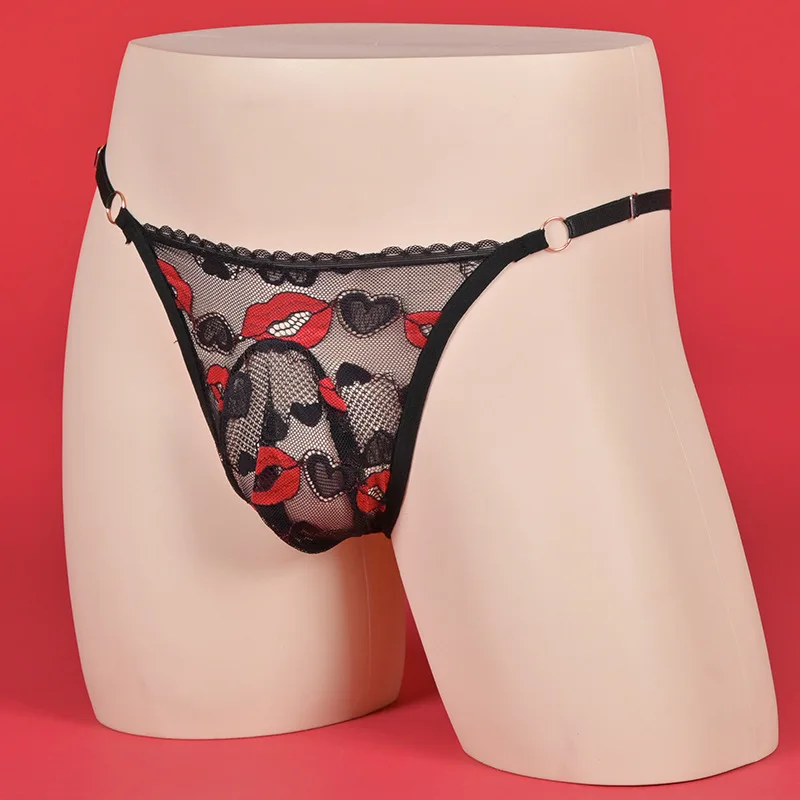 

Couple Sexy Lace Fully Transparent Lingerie Underwear Lip Embroidery T-Back Thong Briefs Waist Adjust Gay Sissy Pouch Panties