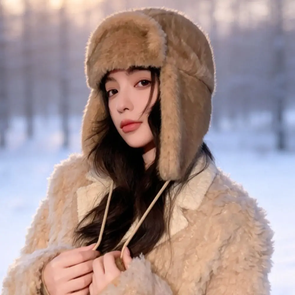 Warm Polyester Trapper Ear Flap Hat Windproof Pom Poms Ushanka Hat 52cm To 55cm Thick Winter Hat Winter Season