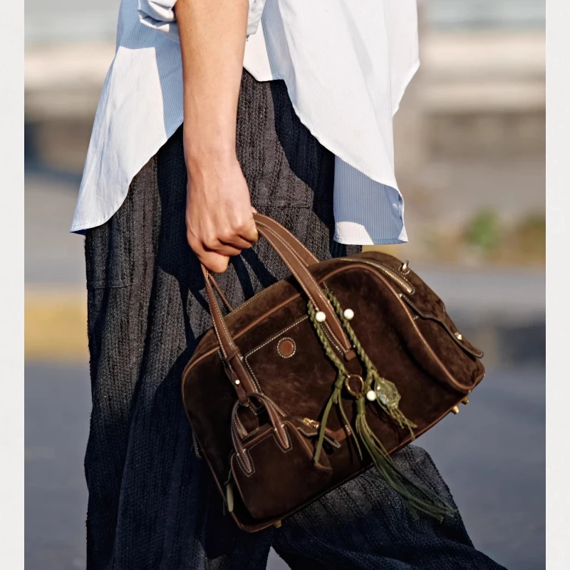 Songmont Handbag Cowhide Bowling Bag Boston Bag