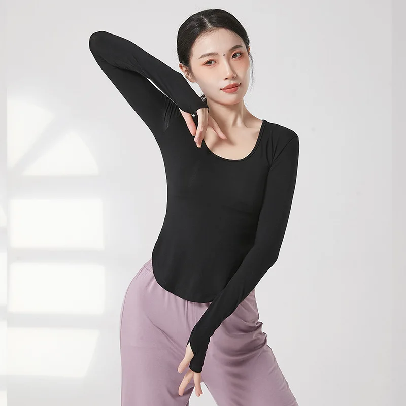 Pure desire style U-neck curved hem revealing chest t-shirt for women's classical modern dance practice suit, jazz fitness exerc