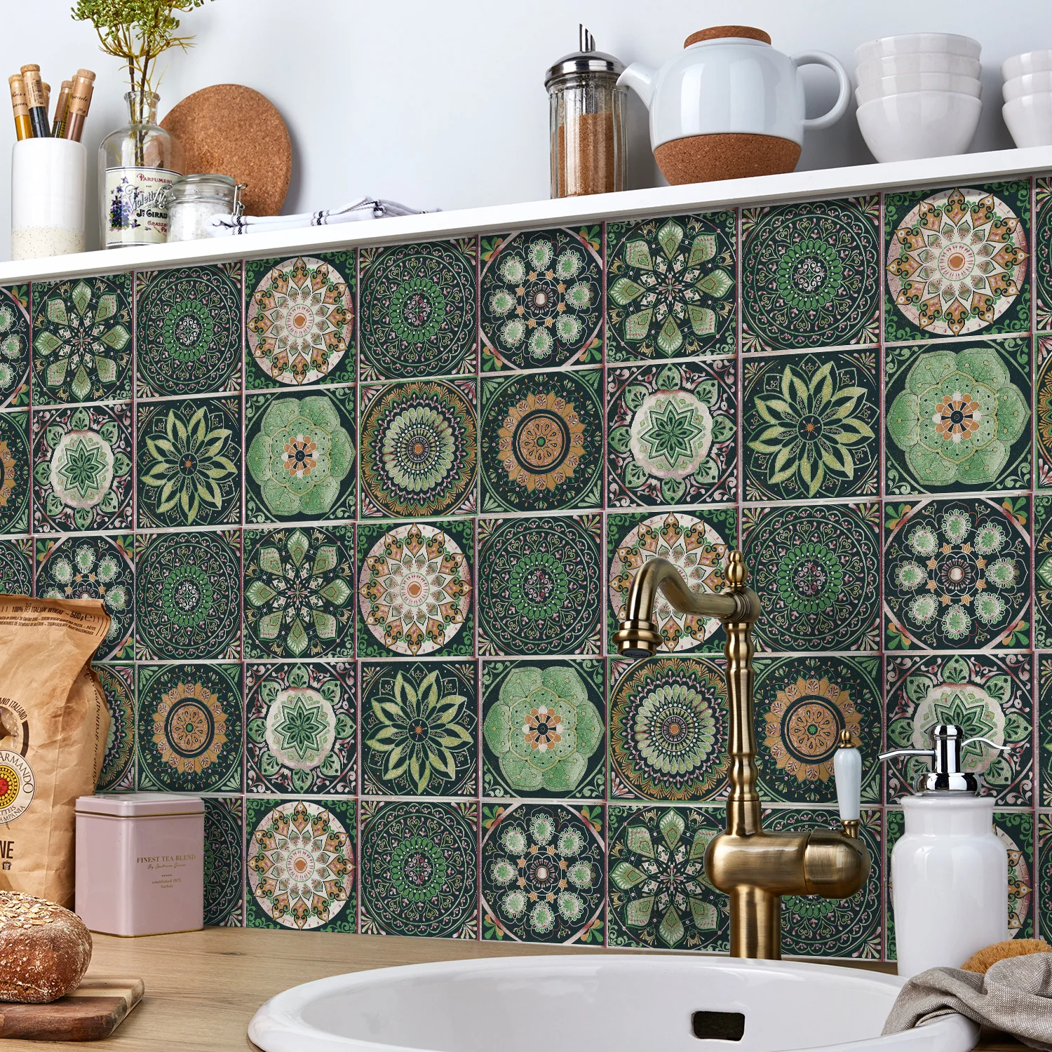 24 Pieces of Mandala Retro Pattern Glossy Self-adhesive Tile Stickers for Kitchen and Bathroom Removable Waterproof Wall Sticker