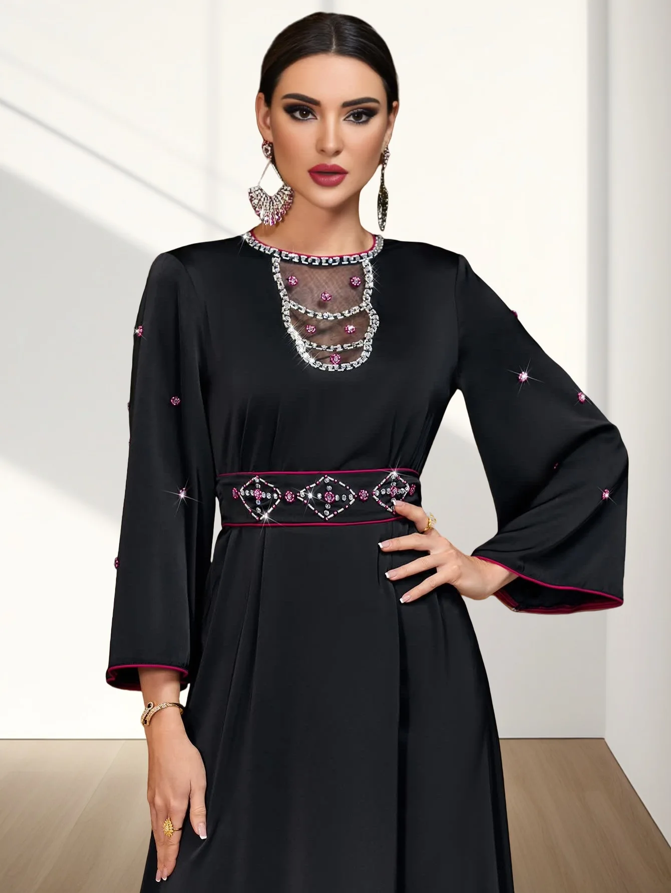 Moda Eid Djellaba Dubai Satin Mesh Abayas dla kobiet Muslim Maxi Dress Kaftan Evening Ramadan Islam Clothing Caftan Party Gown