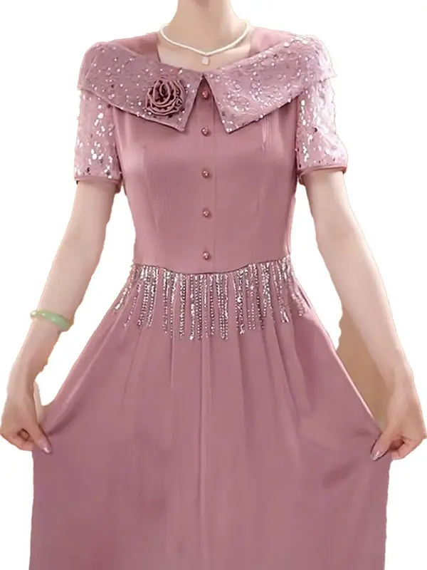 エレガントなハイウエスト A ラインドレス光沢のあるサテン刺繍花装飾痩身ミディスカートファッショナブルな夏の新着