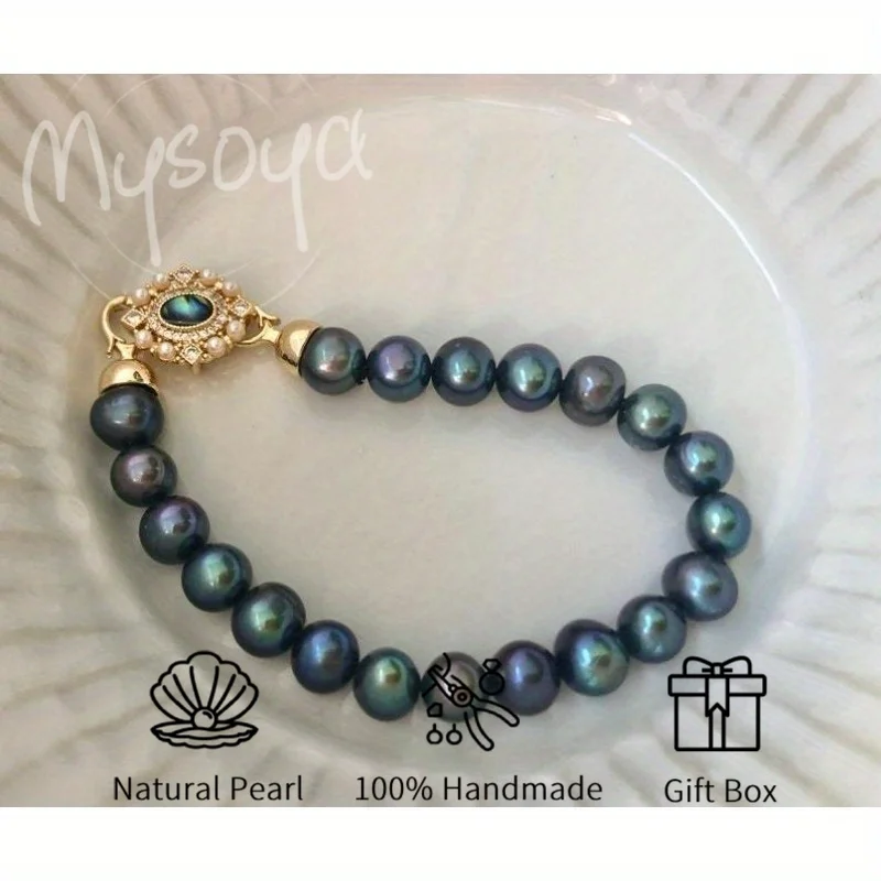 

MYSOYA 8-9mm Natural Peacock Black Freshwater Pearl Bracelet For Women And Men With Gift Box Wedding Birthday Anniversary Gift