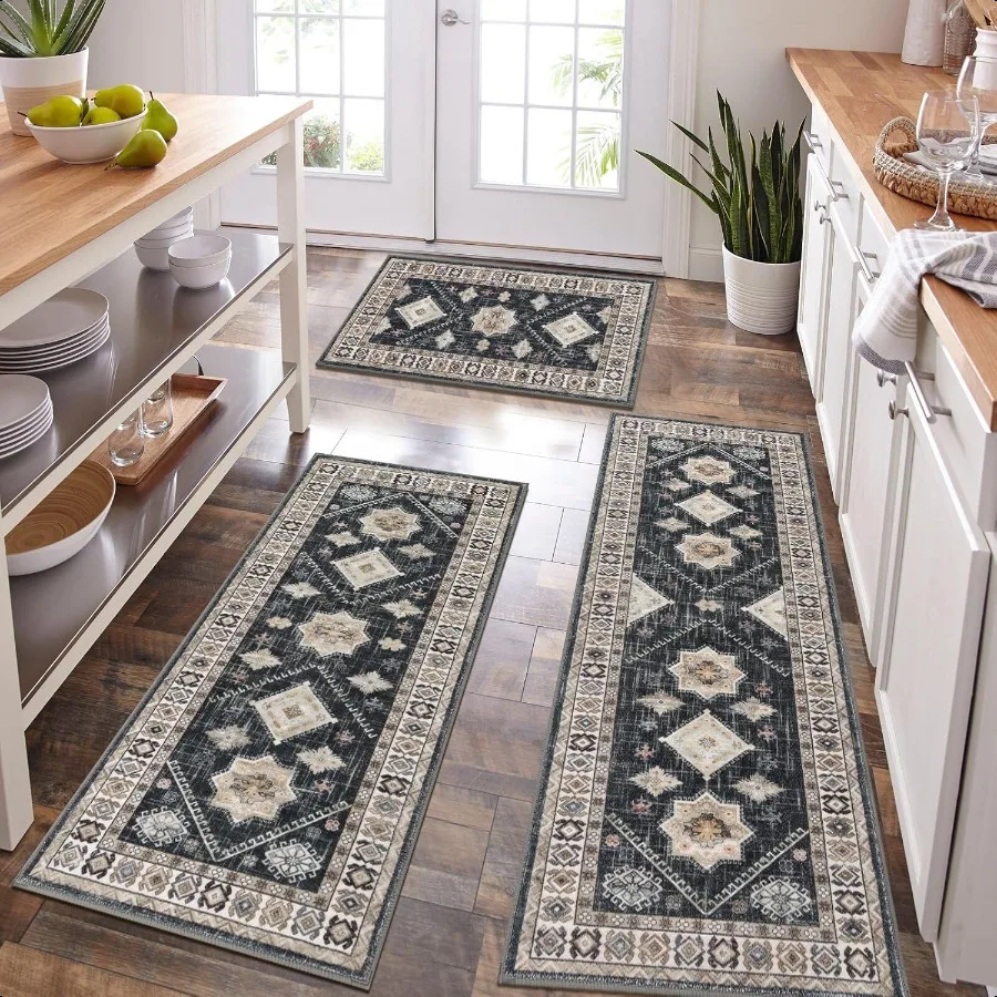 

HEBE Boho Kitchen Rug Sets 3 Piece with Runner Non Slip Kitchen Rugs and Mats Washable Kitchen Mats for Floor Thick Kitchen Flo